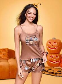 女士万圣节字母和咖啡印花吊带背心和短裤睡衣套装 - 咖啡棕 - 查看 3