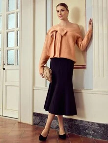 ZEYLAH Elegant Solid Color Asymmetric Collar Bow Decor Sweater, Fall /Winter Clothes - Coral Orange - View 5