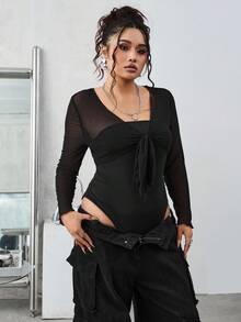 SHEIN EZwear 大码纯色简约长袖紧身衣，日常穿着 - 黑色 - 查看 3