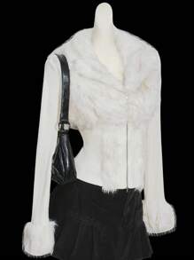 SHEIN ICON Y2k Women's Going Out Fall Western Going Out Zip Up Grunge Concert Goth Zipper White Fashion Faux Fur Patchwork Long Sleeve Fitted Jacket