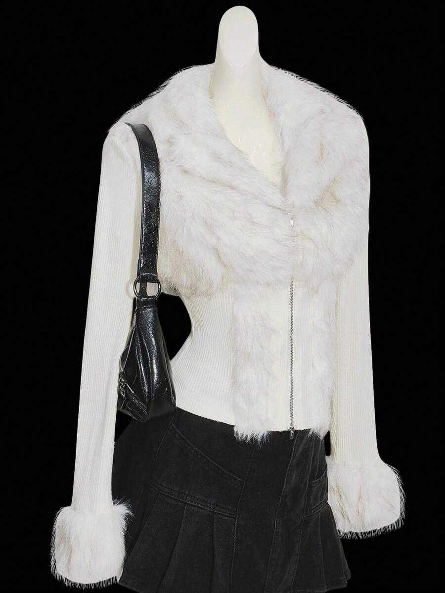 SHEIN ICON Y2k Women's Going Out Fall Western Going Out Zip Up Grunge Concert Goth Zipper White Fashion Faux Fur Patchwork Long Sleeve Fitted Jacket