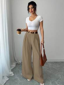 SHEIN Tall Women's Solid Color High Waist Pleated Wide Leg Loose Casual Pants Fall Cloth For Women
