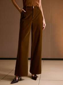 MOTF PREMIUM 纯色斜口袋阔腿西装裤 - 棕色 - 查看 5