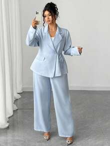 Elenzga Plus Size Women Elegant Solid Color Tie-Up Blazer Suit Set, Suitable For Commuting, Autumn/Winter Fall Cloth For Women - Baby Blue - View 4