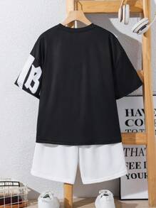 SHEIN Tween Boy Casual Street Style Letter Graphic Print Pullover T-Shirt And Solid Color Shorts 2 Pieces Set