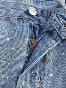 SHEIN Shorts vaqueros de pierna recta con adornos de strass para mujer - Lavado ligero - Ver 5