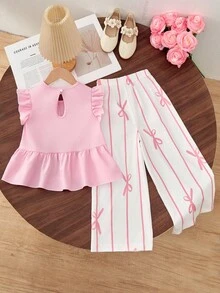 Young Girl Cute Ruffle Hem Asymmetrical Hem & Bow Print Casual Pants Set Pink Bow Pants