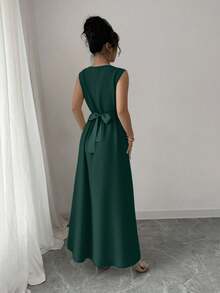 Rafferiza Women's Elegant 2 Pieces Set: Patchwork Ribbon Batwing Sleeve Outerwear And Sleeveless Dress - Dark Green - View 6