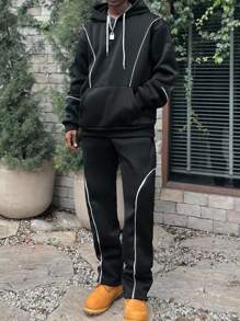 Manfinity Roghcode 男士撞色边饰连帽衫和裤子套装 - 黑色 - 查看 3