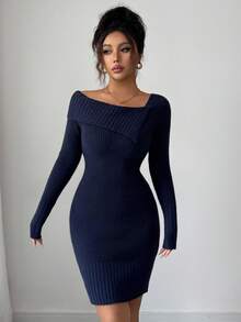 Selianne Sexy Off-Shoulder Long Sleeve Bodycon Knit Mini Dress - Navy Blue - View 4