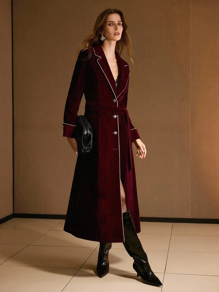 CONTRAST TRIM BELTED TRENCH COAT