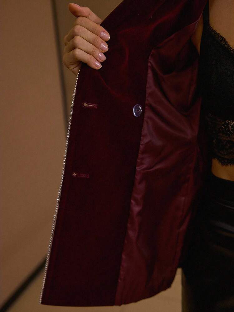 VELVET RHINESTONE TRIM PEAK COLLAR DOUBLE BREASTED PLACKET BLAZER