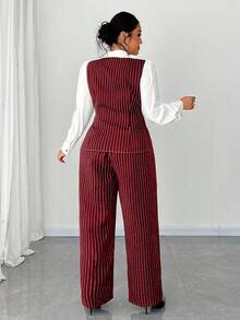 Elenzga Plus Size Women's Button Striped Patchwork Contrast Color Shirt And Striped Pants Elegant Commuter 2 Pieces Set Fall Cloth For Women - Red - View 2