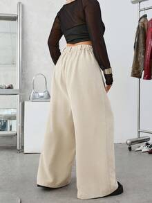 SHEIN EZwear 秋冬大码厚灯芯绒纯色前扣休闲阔腿裤 - 杏色 - 查看 2