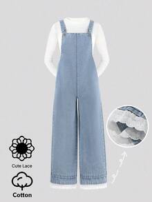 Tween 女童休闲可爱甜美街头时尚校园日常经典水洗蓝色舒适牛仔宽松直筒牛仔背带裤 - 淺色水洗藍 - 查看 3