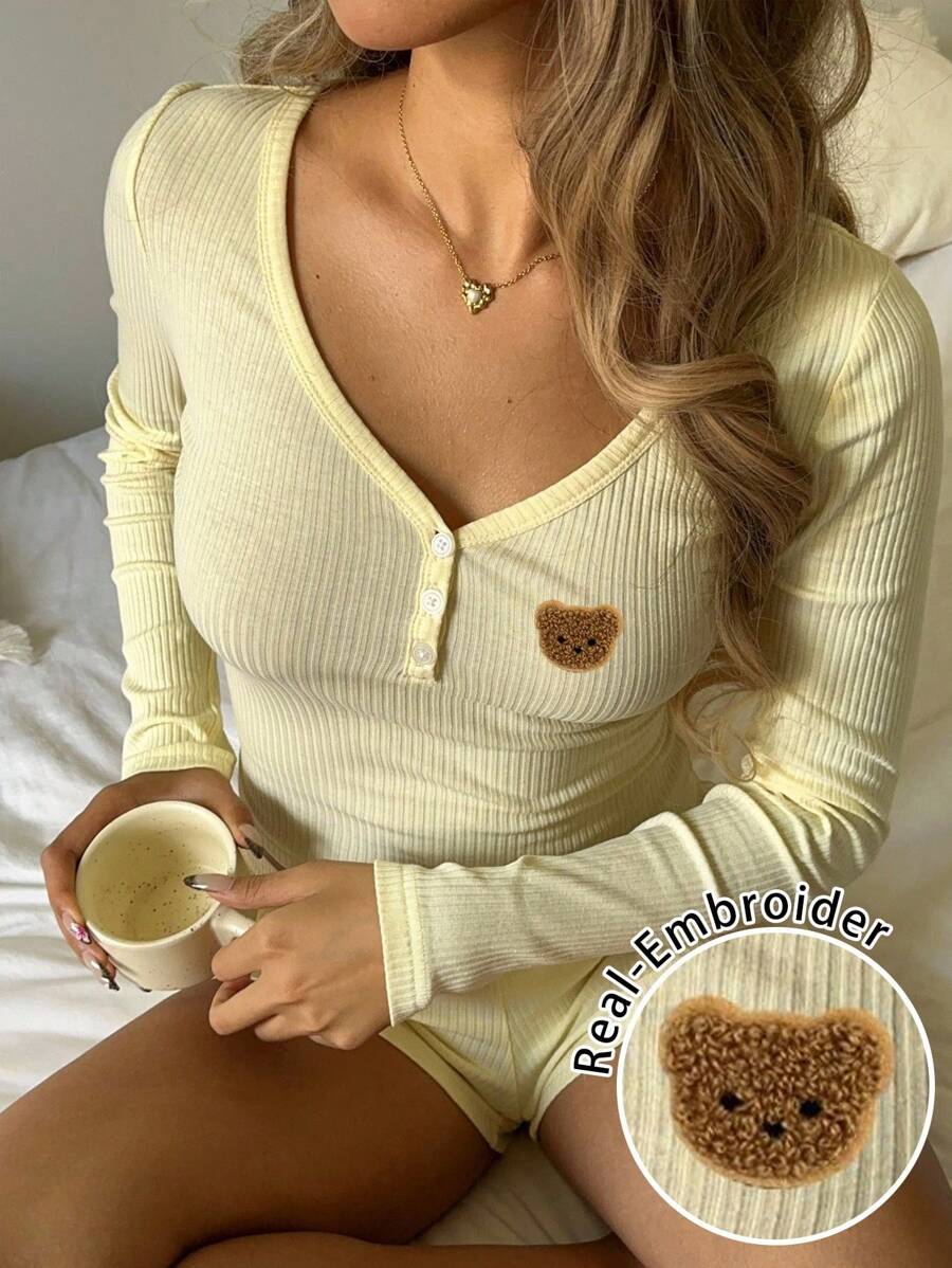 CovetEZ 2pcs Women Autumn Casual Homewear Set, Long Sleeve Top & Shorts, Embroidered Bear Pattern, Sexy & Cute, Basic Leisure Outfit,Fall - Yellow - View 1