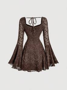 SHEIN MOD 女士咖啡棕色蕾丝提花喇叭袖短款针织连衣裙，新年女装 - 咖啡棕 - 查看 2
