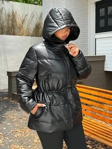 SHEIN EZwear معطف أسود كاجوال مقاس كبير للنساء بغطاء رأس وجيوب وأكمام طويلة - الأسود - مشاهدة 5