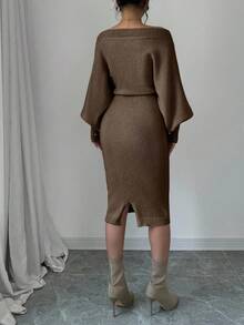 Elenzga 全新针织纽扣装饰女装灯笼袖性感修身休闲连衣裙 - 咖啡棕 - 查看 2