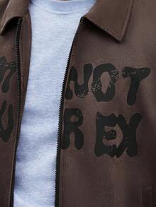 Manfinity Homme Plus Size Men's Letter Print Zip-Up Street Style Jacket, Autumn Mens Mocha Bomber Jacket Men Zip Up Jacket Men Graphic Jacket Brown Jacket Men Fleece - Brown - View 6