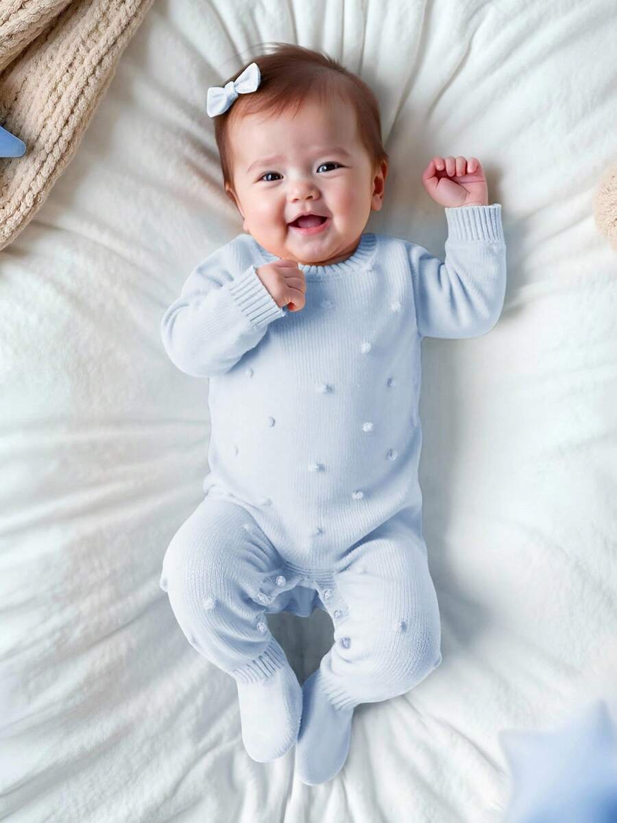SHEIN 时尚可爱的新生儿毛衣连体衣,婴儿连脚连体衣 - 淺藍色 - 查看 1