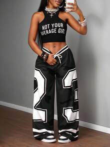 Slaydiva 2025新款夏季休闲截图性感运动风球服圆领工字背心口号Logo白色字母印花截角红色背心+阔腿裤长裤23号红色迷彩条纹印花梭织裤女士两件套套装-B - 黑色 - 查看 7