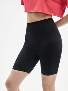 SHEIN Sports Pantaloncini sportivi senza cuciture a vita alta di colore unito da donna - nero - Visualizzare 6