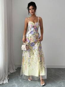 Islaluna Vestido elegante de verano para mujer con cintura bordada, vestido de fiesta para dama