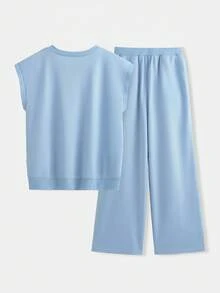 SHEIN Tween Girls' Knit Solid Color Loose Fit V-Neck Casual T-Shirt And Wide-Leg Knit Casual Pants Set - Blue - View 10