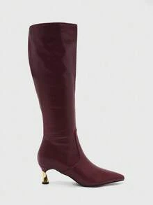 CUCCOO BIZCHIC 女士时尚尖头勃艮第酒红色简约优雅百搭侧拉链细高跟及膝靴 - 酒紅色 - 查看 1