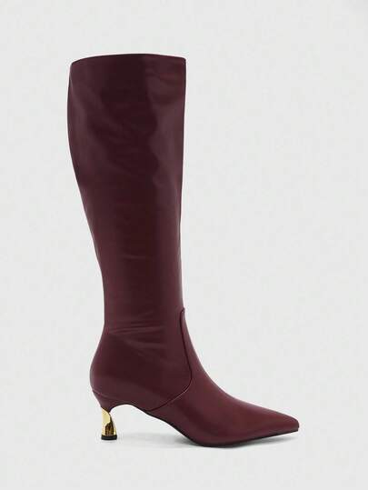 CUCCOO BIZCHIC 女士时尚尖头勃艮第酒红色简约优雅百搭侧拉链细高跟及膝靴