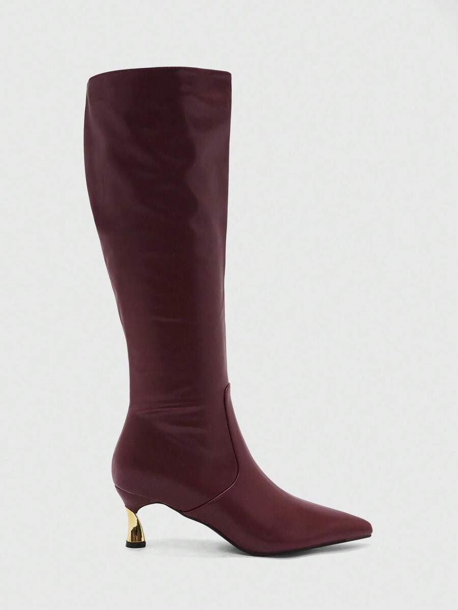 CUCCOO BIZCHIC 女士时尚尖头勃艮第酒红色简约优雅百搭侧拉链细高跟及膝靴 - 酒紅色 - 查看 1