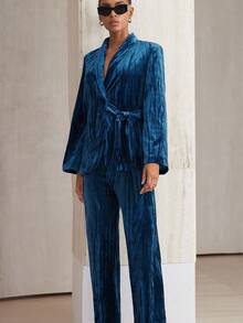 Aveloria Modichic Vintage Business Casual Velvet Texture Collar Side Tie Suit Set - Blue - View 3