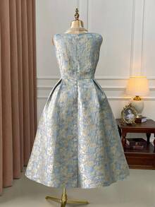 Celure Váy cổ điển thanh lịch cỡ lớn dành cho nữ, cổ vuông, thắt eo, họa tiết lá kim sang trọng, viền xòe, duyên dáng - Màu xanh nhạt - Xem 2