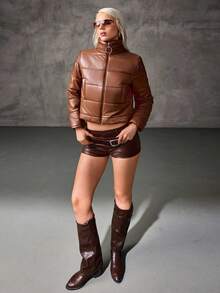 Giacca imbottita in pelle sintetica color cammello da donna - Cappotto trapuntato con chiusura lampo e anello, abbigliamento invernale in ecopelle