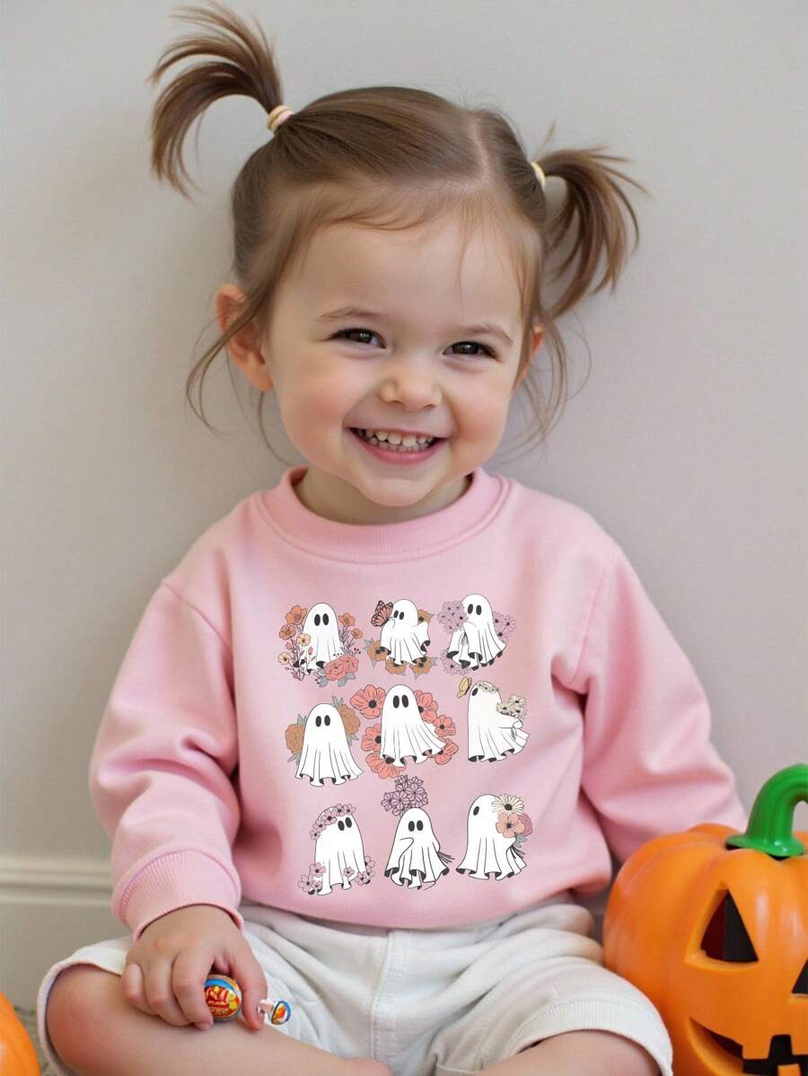 Halloween Cosplay Baby Girl Casual Fashionable Creative Grid Ghost & Flower Print Basic Crew Neck Sweatshirt, Fall Clothes Winter - Pink - View 1