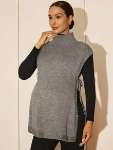 MaterniWear Áo len bầu công sở, Áo len bầu công sở, Áo len công sở cho nữ mùa thu, Áo len bầu đơn giản cổ đứng thắt nơ màu trơn tối giản cho bà bầu, Áo len bầu, Áo bầu, Áo dài bầu, Áo bầu cho bà bầu, Áo bầu dành cho phụ nữ mang thai, Áo bầu mùa thu đông. - Xám - Xem 3