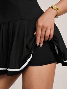 Hanevo 女式条纹褶边日常健身无袖运动连衣裙 - 黑色 - 查看 3