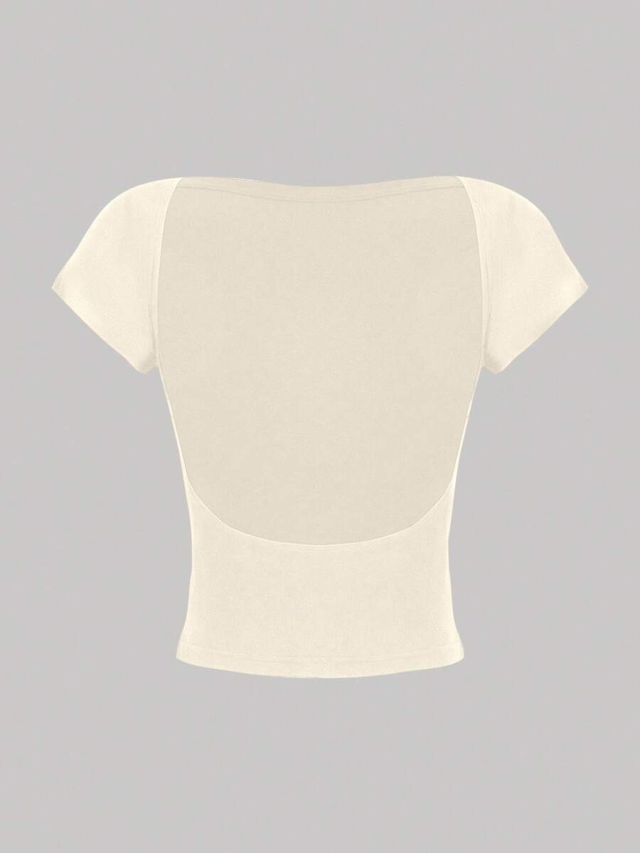SHEIN EZwear 性感休闲简约百搭纯色杏色露肩镂空修身女式短袖T恤套头衫,适合夏季 - 杏色 - 查看 1