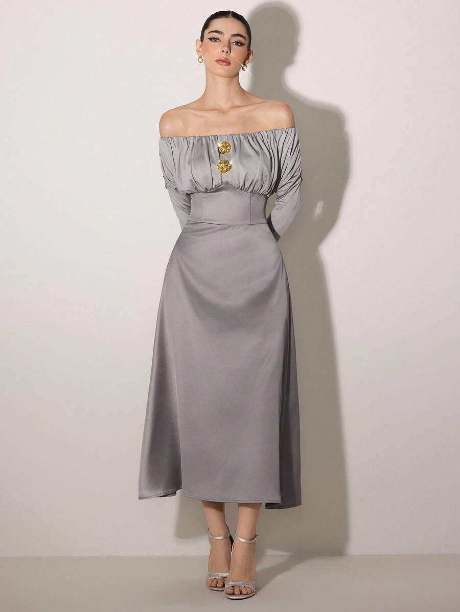 Modelyn Women's Solid Color Off-Shoulder Casual Dress - Light Grey - View 1