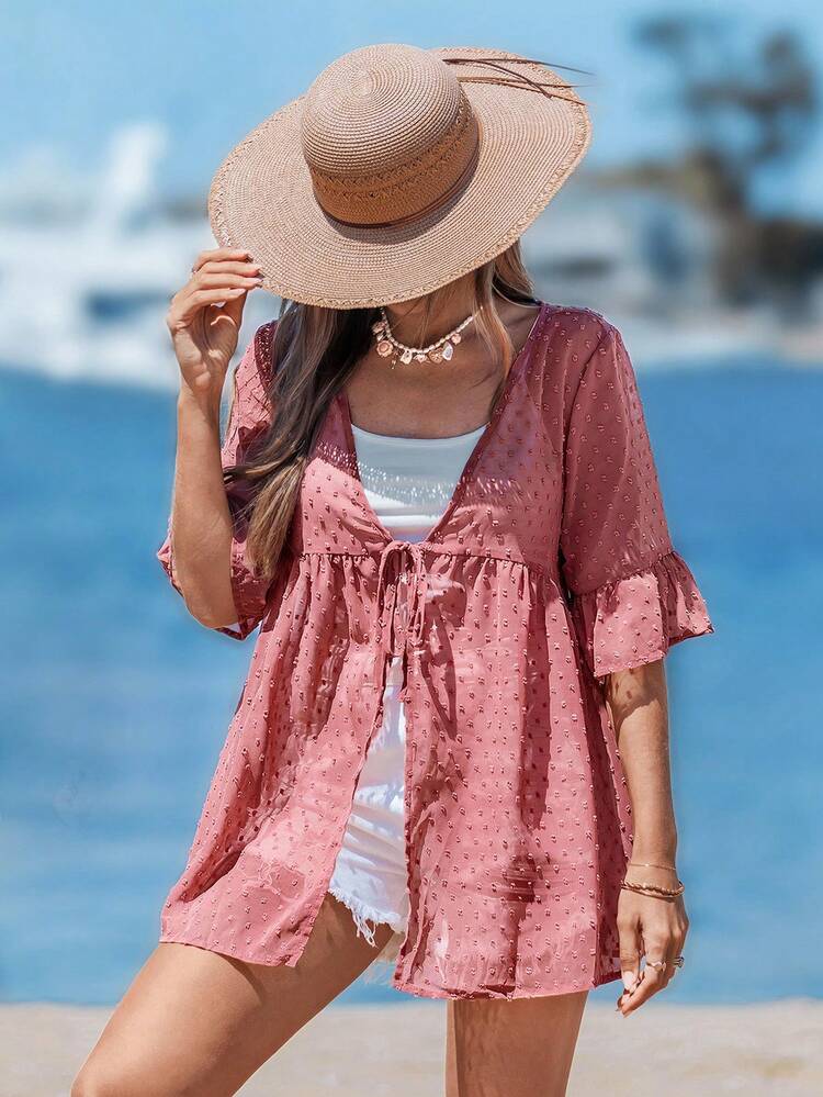 Women's Solid Color Waist Tie Ruffle Sleeve Vacation Blouse,Vacation