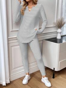 SHEIN LUNE Bộ 2 món áo thun dài tay kẻ sọc đen trắng và quần legging cho nữ, Thu/Đông - Nhiều màu - Xem 4