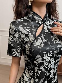 EastFlair Women's Floral Print Short Sleeve Mini Dress Fall Clothes For Women Christmas Women's Clothing Formal Dress Dress   Chinese Style Vintage Dress  Fall Clothes For Women Christmas Women's Clothing - Black - View 1