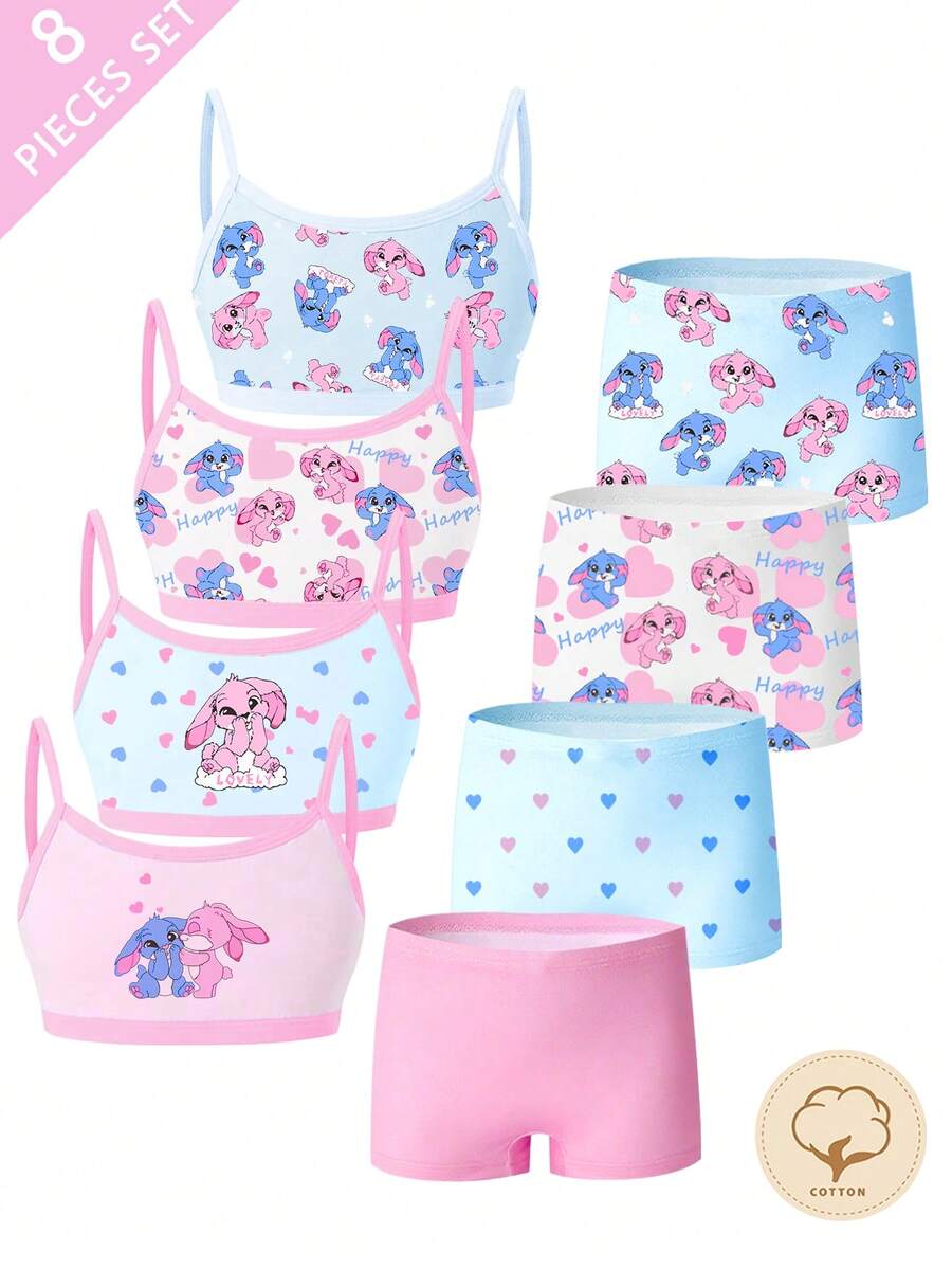 4pcs/Set Girls Cute Rabbit & Heart Print Camisole Top And Briefs Underwear Set, Soft Fabric, Suitable For Valentine's Day, Easter Fall Winter