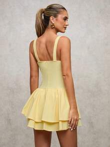 SHEIN BAE Đầm ngắn không tay cổ tim bèo nhún thời trang màu trơn dành cho nữ - Màu vàng - Xem 2