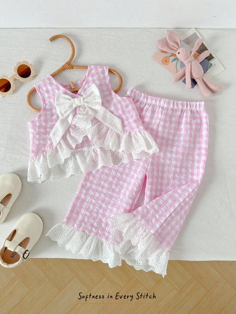 Cozy Pixies 2pcs Baby Girl Colorblock Floral Trim Crew Neck Sleeveless Cardigan Top And Elastic Waist Pants Set Fall - Pink - View 1