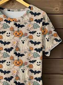 INAWLY Women's Halloween Pumpkin & Ghost Print Short Sleeve T-Shirt - Multicolor - View 3