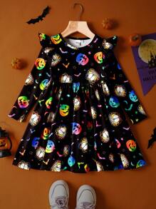 GARFIELD | SHEIN Young Girls' Cartoon Pumpkin Pattern Knitted Round Neck Ruffle Trim Long Sleeve Halloween Autumn/Winter Dress - Black - View 1