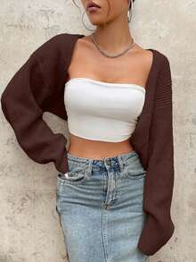 EURMUSE Y2K Grunge 落肩前开襟短款开衫（不含抹胸） - 棕色 - 查看 3