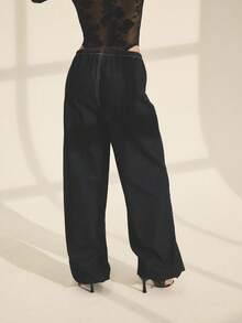 Aralina Fall/Winter Baggy Fit Wide Leg Dark Wash Denim Trouser Pants With Adjustable Drawstring Detail On Waistband And Leg Stockholm Style Balloon Pant For Work Outfit For Women